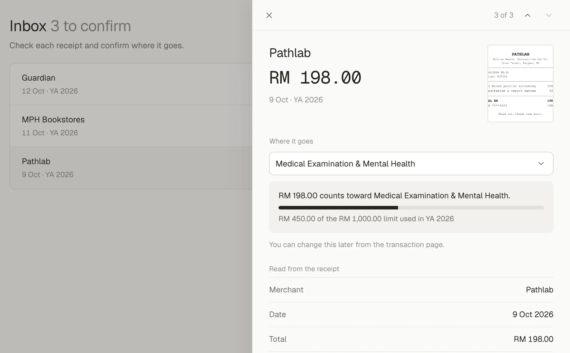 Peti Masuk CukaiMax dengan resit Pathlab dibuka: jumlah, tarikh dan pelepasan LHDN yang dibaca daripada resit, sedia untuk disahkan